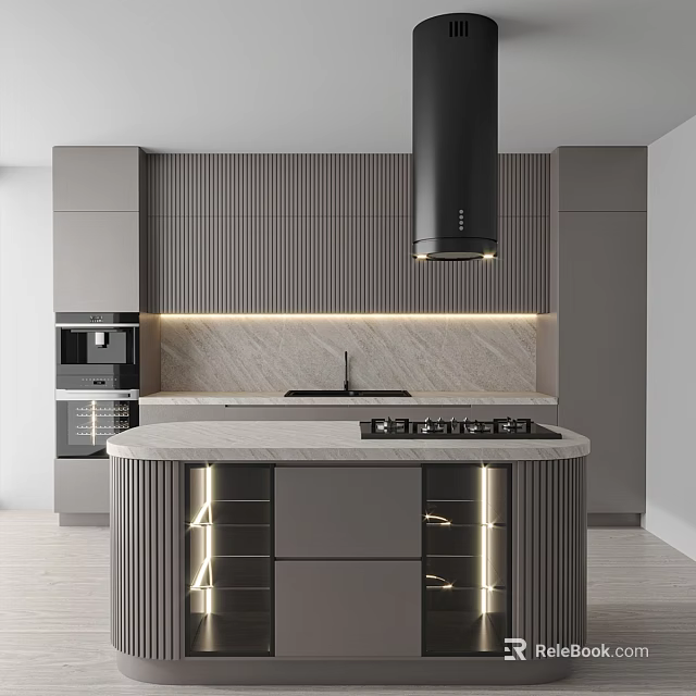 Modern Kitchen Interior With Gray Cabinets Marble Countertop Island Built In Appliances And Strip Lighting 3d model 