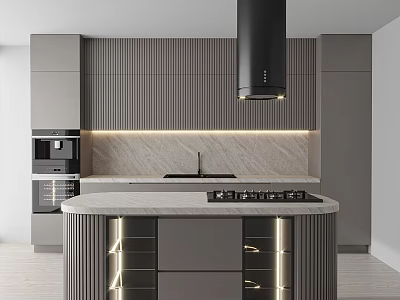 Modern Kitchen Interior With Gray Cabinets Marble Countertop Island Built In Appliances And Strip Lighting 3d model