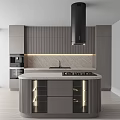 Modern Kitchen Interior With Gray Cabinets Marble Countertop Island Built In Appliances And Strip Lighting