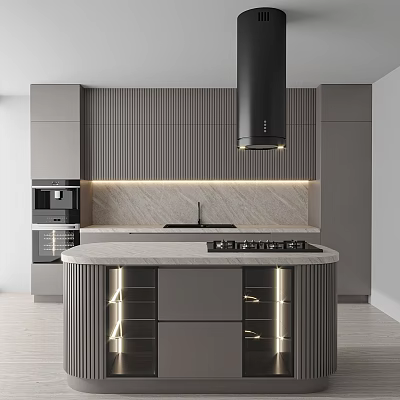 Modern Kitchen Interior With Gray Cabinets Marble Countertop Island Built In Appliances And Strip Lighting 3d model
