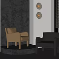 Modern Interior Featuring Beige And Black Leather Armchairs With Grey Wall Round Lights And Blinds
