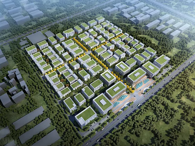 Aerial View Urban Planning With Residential Buildings Green Roofs And Surrounding Greenery 3d model