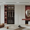 Modern Walk in Closet Interior Design With Hanging Clothes Wooden Shelves And Round Mirror