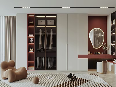 Modern Walk in Closet Interior Design With Hanging Clothes Wooden Shelves And Round Mirror 3d model