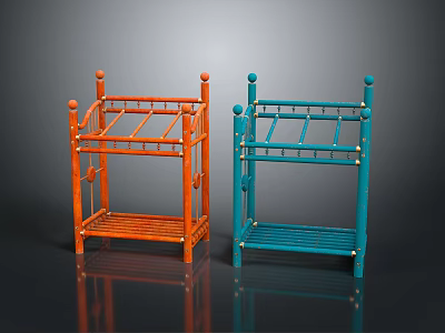 Orange And Blue Metal Shelving Units With Multiple Shelves And Decorative Top Finials 3d model