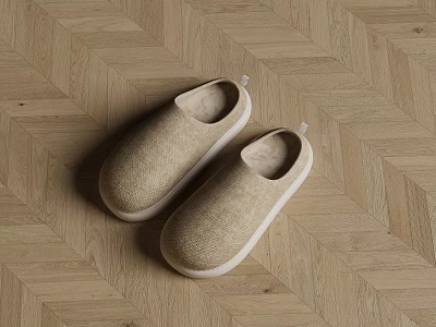 Comfortable Beige Linen Slippers With White Soles On Herringbone Wooden Floor 3d model