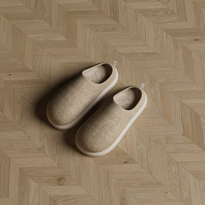 Comfortable Beige Linen Slippers With White Soles On Herringbone Wooden Floor 3d model