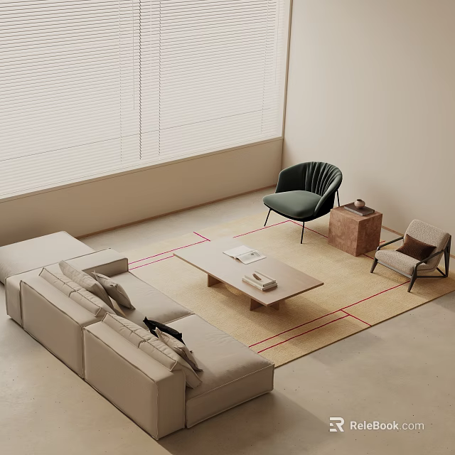 Modern Sofa And Coffee Table Set With Green And Beige Armchairs And Area Rug 3d model 