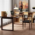 Home Office Wooden Desk With Laptop Table Lamp Books Folder And Comfortable Chair
