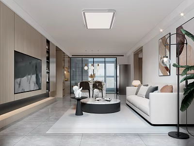 Modern Living Dining Room Interior Design With White Sofa Round Coffee Table And Decorative Paintings 3d model
