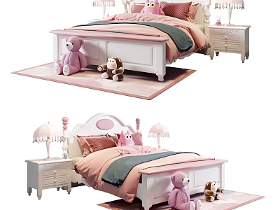 Cozy Kids Bed With White Frame Pink Bedding Plush Toys Nightstand Lamp And Rug 3d model