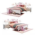 Cozy Kids Bed With White Frame Pink Bedding Plush Toys Nightstand Lamp And Rug