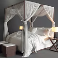 Double Bed with Canopy White Linens Side Tables Lamps and Two Stools at Foot