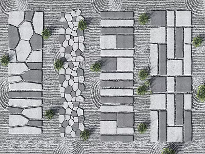 Different Types Of Stone Stepping Path Designs With Various Patterns And Small Plants 3d model
