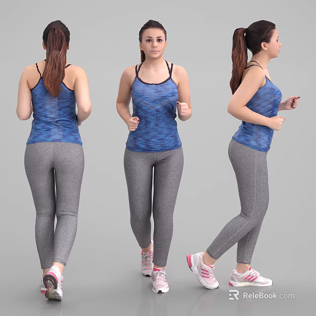 Woman in Blue Tank Top and Gray Leggings Doing Workout Poses from Three Angles 3d model 