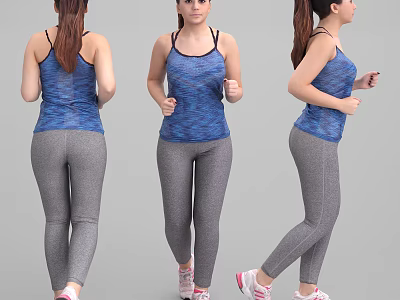 Woman in Blue Tank Top and Gray Leggings Doing Workout Poses from Three Angles 3d model