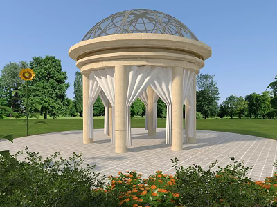 Outdoor Gazebo with Glass Dome Beige Columns White Draperies Green Lawn Trees Sunflower Orange Flowers 3d model