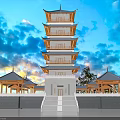 Ancient Chinese Pagoda Featuring Multi story Structure and Surrounding Pavilions Under Blue Sky and Sunset
