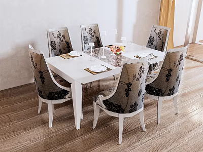 Elegant Dining Table Set with White Tabletop Six Patterned Chairs Tableware and Flower Vase 3d model