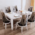 Elegant Dining Table Set with White Tabletop Six Patterned Chairs Tableware and Flower Vase 3d model