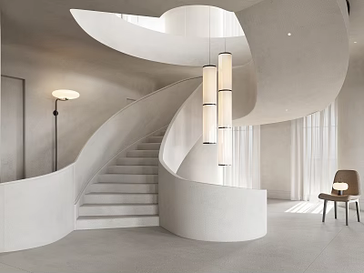 Minimalist Spiral Staircase In Soft Toned Interior With Pendant Lights And Chair 3d model