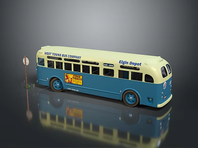 New York Bus Company Eagle Depot Blue Yellow Bus Model With Street Sign 3d model