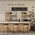 Honey Room Café Interior With Wooden Counter Stools Hanging Pendant Lights Shelves and Green Plants