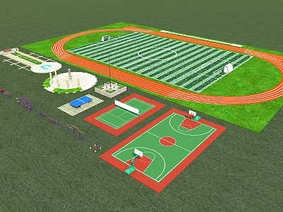 Football Field with Red Running Track Basketball Courts and Green Grass Surface 3d model