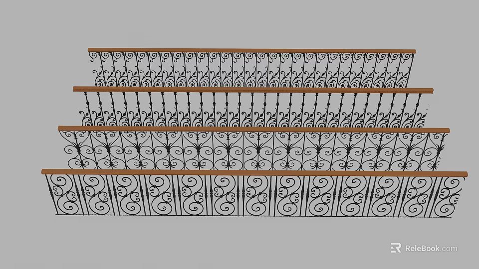 Wrought Iron Railings With Ornate Patterns And Multi Layered Wooden Top Design 3d model 