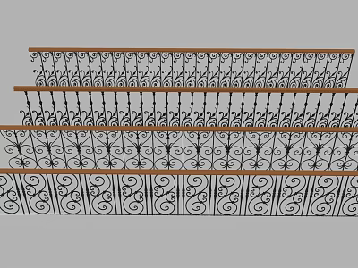 Wrought Iron Railings With Ornate Patterns And Multi Layered Wooden Top Design 3d model