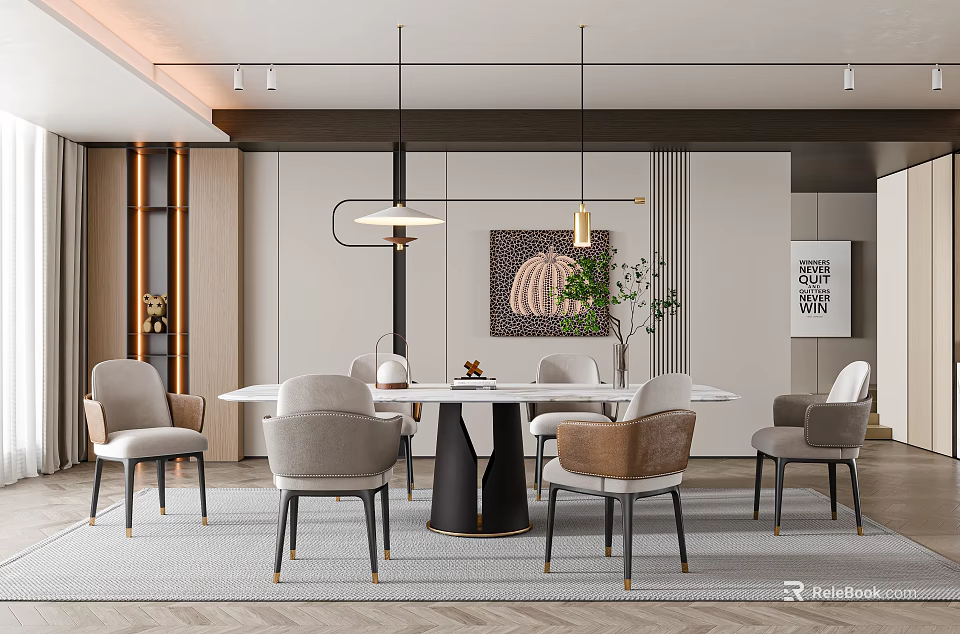 Modern Elegant Restaurant Interior With Dining Table Chairs Pendant Lights Decorative Painting And Green Plants 3d model 