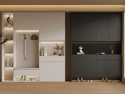Modern Entryway Design With White Black Cabinets Shoe Storage And Decorative Items 3d model