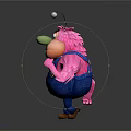 3D Pink Cartoon Game Movie Character With Blue Overalls Green Nose And Antennas