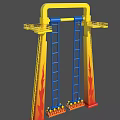 Colorful Amusement Park Thrill Ride With Yellow Blue Towers Flame Decorations And Seats