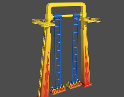 Colorful Amusement Park Thrill Ride With Yellow Blue Towers Flame Decorations And Seats 3d model