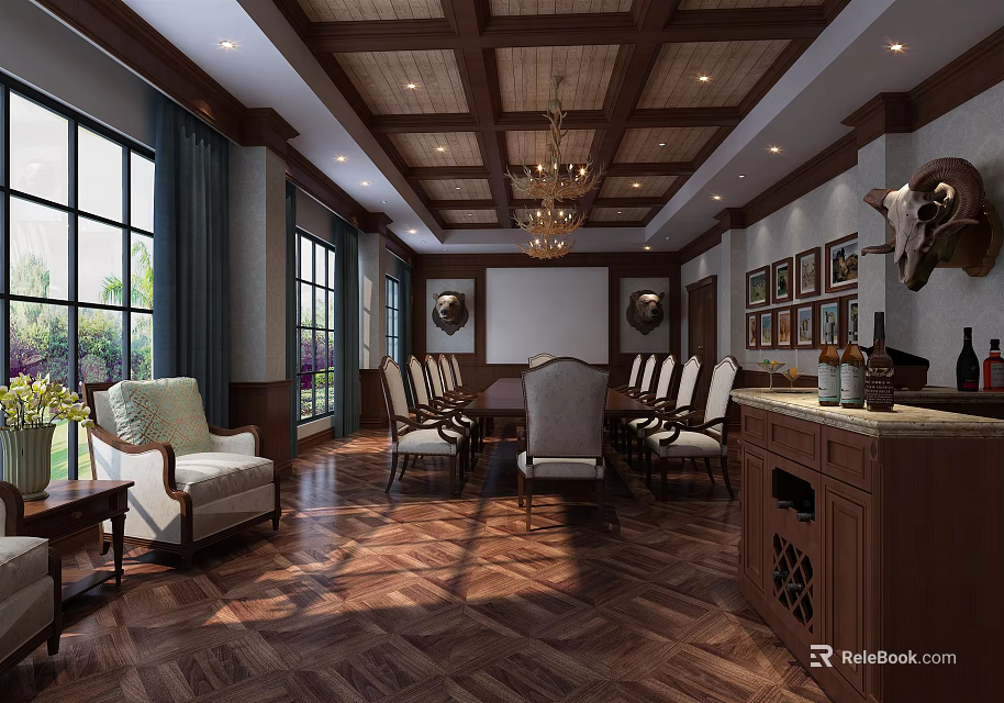 Elegant Conference Room Interior With Wooden Ceiling Chandelier Long Table Chairs Large Windows Wooden Flooring 3d model 