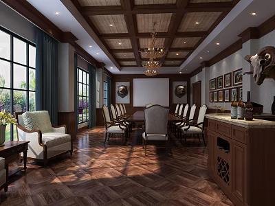 Elegant Conference Room Interior With Wooden Ceiling Chandelier Long Table Chairs Large Windows Wooden Flooring 3d model