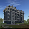 Modern Blue and White Residential Building With Green Lawns Trees and Pathways