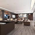 Modern Office Interior Design With Sofas Bookshelves TV Large Windows And Wooden Flooring