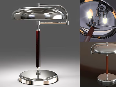 Modern Table Lamp With Chrome Lampshade Wooden Pole Round Base And Illuminated Bulb 3d model