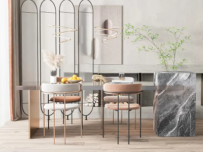 Modern Dining Table Set With Marble Top Upholstered Chairs Green Plant And Hanging Spiral Lights 3d model