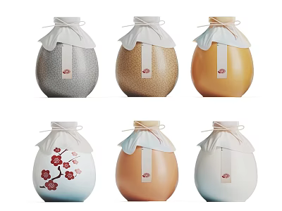 Ceramic Wine Bottles In Various Colors With White Cloth Cover And Decorative Tags 3d model