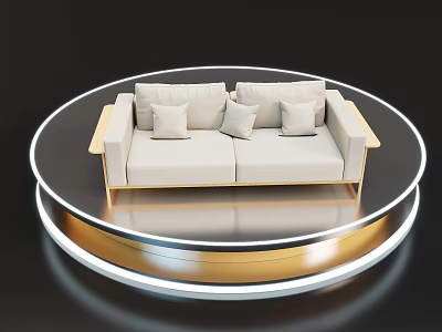 Light Beige Two Seater Sofa With Cushions And Golden Armrests On Circular Metallic Platform 3d model