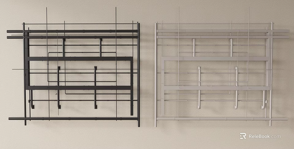 Black And White Pipes Wall Mounted Metal Framework Structure Installation Design 3d model 