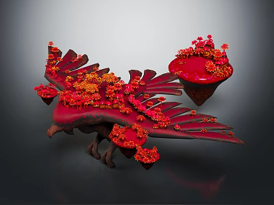 Vibrant Cartoon Scene Featuring Red Bird With Orange Floral Decorations And Artistic Design 3d model