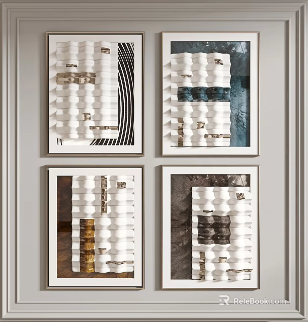 Abstract Geometric Decorative Paintings With White Frames Hanging On Wall 3d model