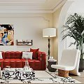 Elegant Modern Living Room Interior With Red Sofa White Armchair Rug Wall Art And Plant