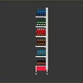 Modern Retail Shelf with Colorful Products and Red Multi tiered Frames