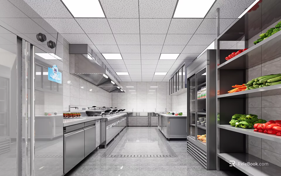 Commercial Kitchen Interior Design With Stainless Steel Worktables Cabinets Ventilation Hoods And Vegetable Racks 3d model 