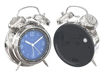 Metallic Alarm Clock With Bell Front Blue Dial Numbers And Back Battery Compartment View 3d model
